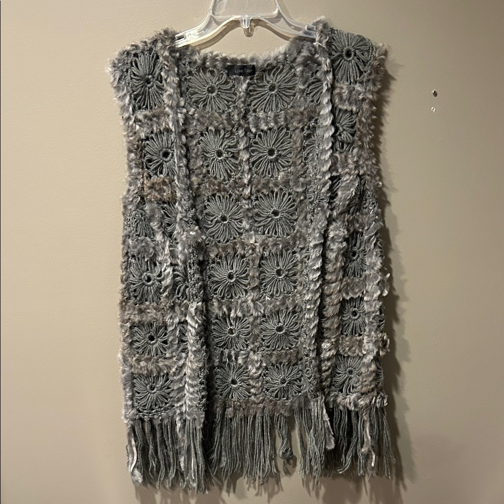 Love Token Gray Crochet Vest with Fringe